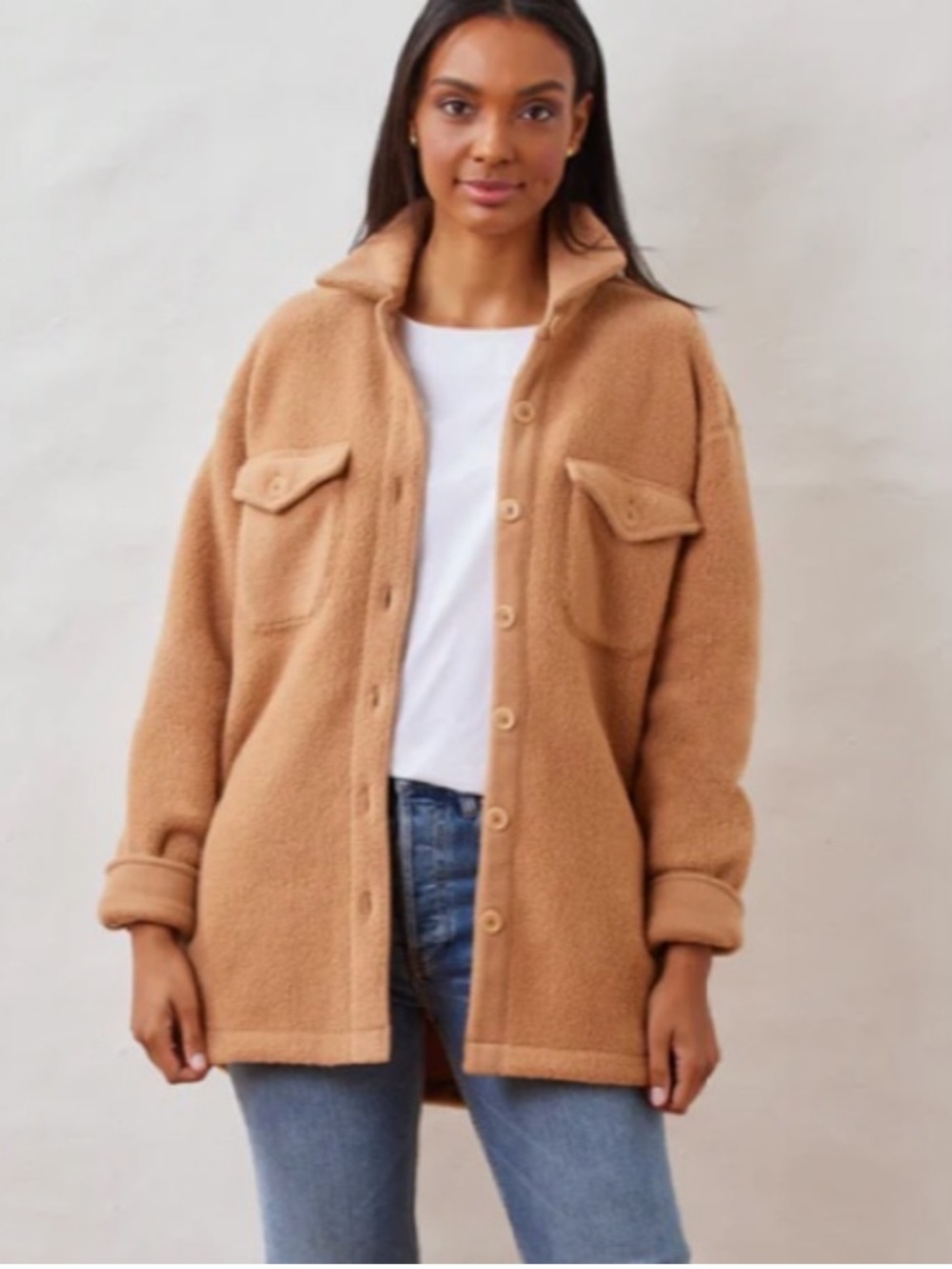 NWT DUDLEY STEPHENS SHERPA FLEECE Sheephill Shacket in Camel